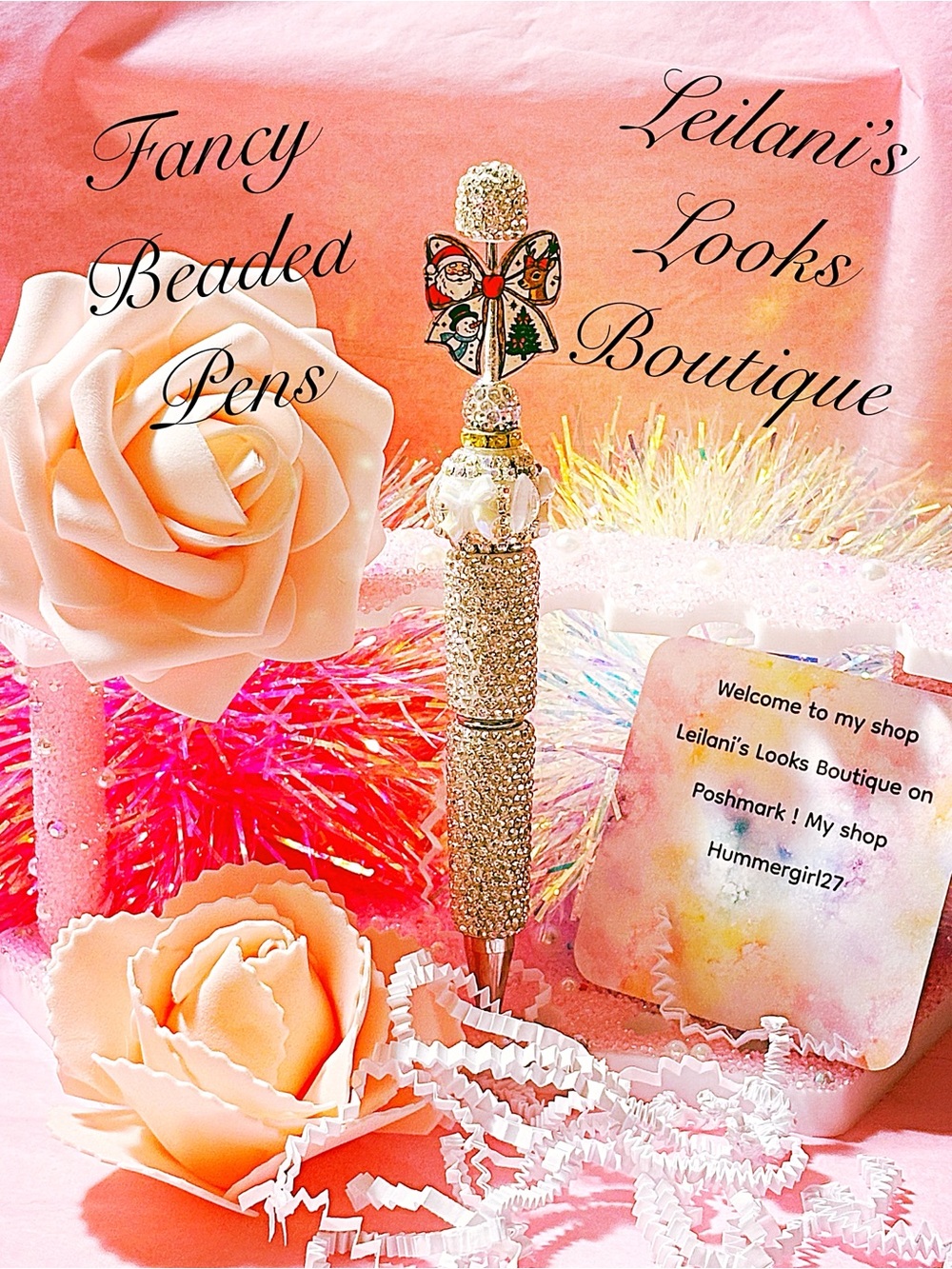 Rhinestone Beaded Bling Pen with Holiday Bow Accent